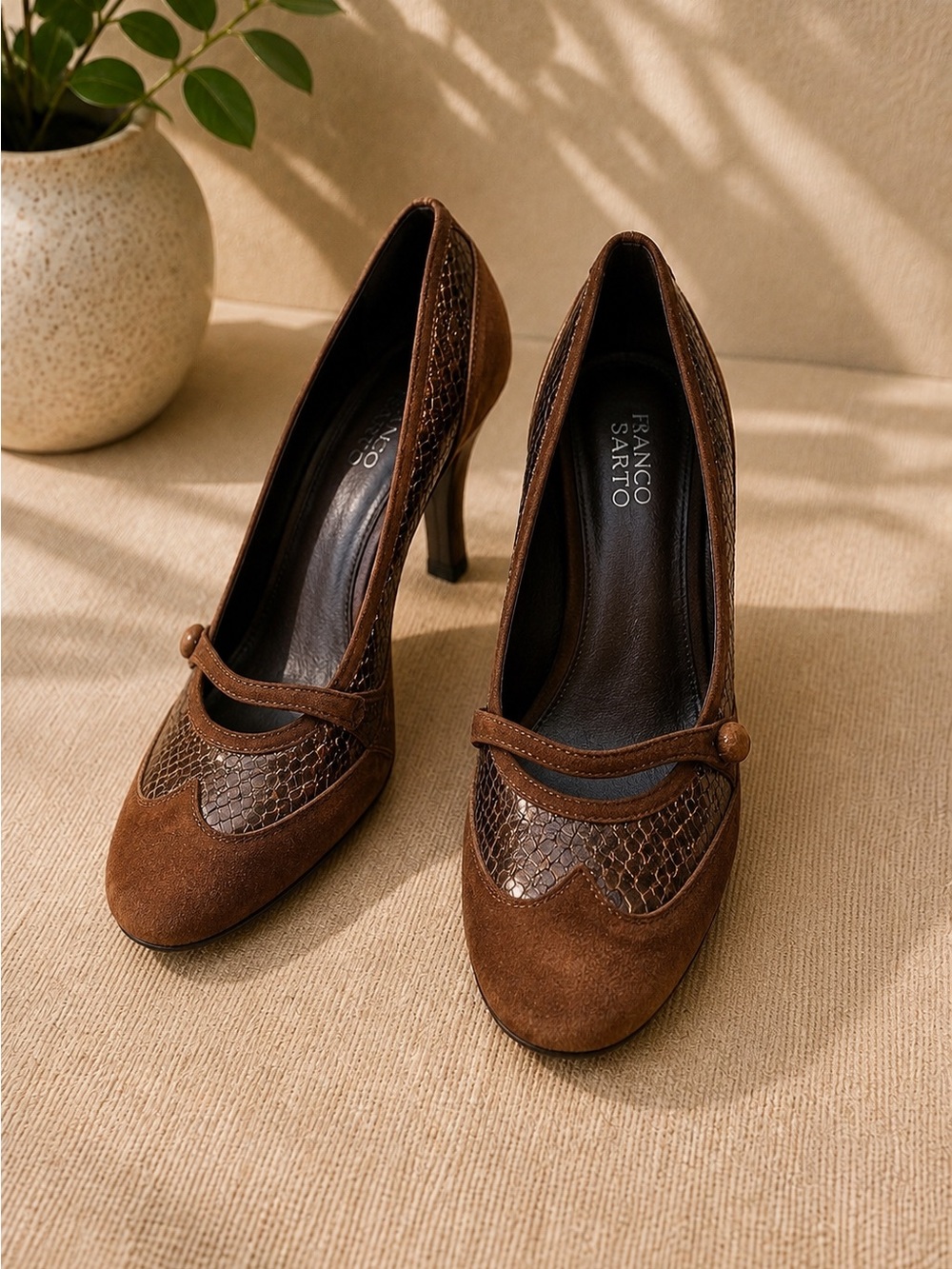 Franco Sarto Brown Mary Jane Kitten Heels Snakeskin Texture Pumps Womens 7M